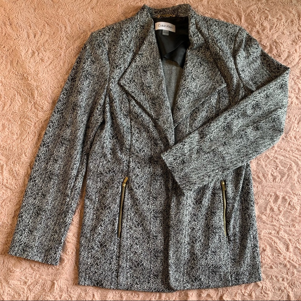 Calvin Klein Distressed Herringbone Motto Blazer